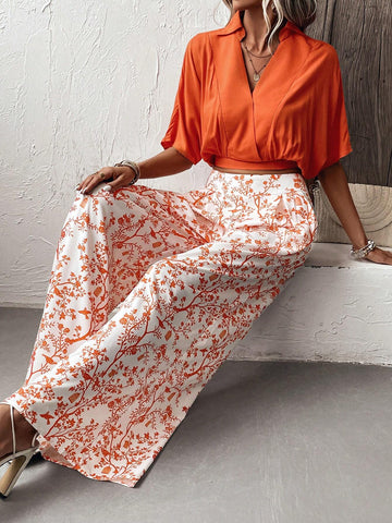EMERY ROSE Solid Batwing Sleeve Blouse & Floral Print Wide Leg Pants