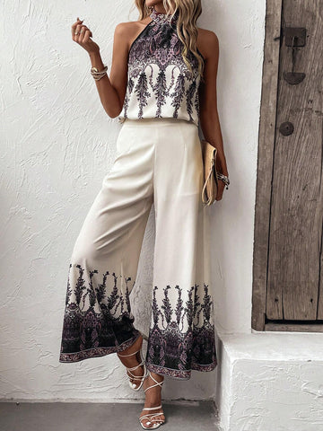 EMERY ROSE Graphic Print Halter Top & Wide Leg Pants