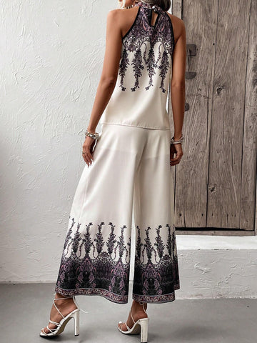 EMERY ROSE Graphic Print Halter Top & Wide Leg Pants