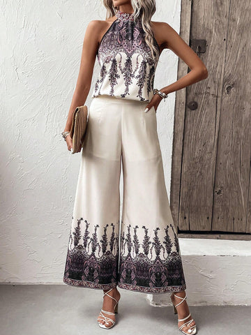 EMERY ROSE Graphic Print Halter Top & Wide Leg Pants
