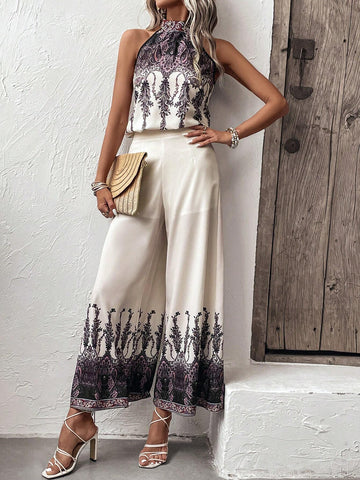 EMERY ROSE Graphic Print Halter Top & Wide Leg Pants