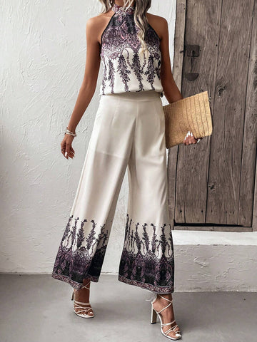 EMERY ROSE Graphic Print Halter Top & Wide Leg Pants