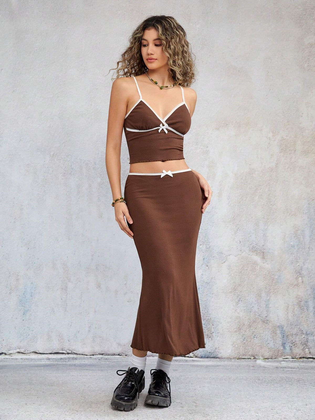 Contrast Binding Cami Top & Bow Front Skirt