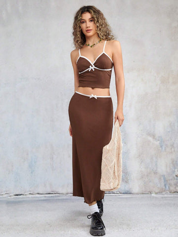 Contrast Binding Cami Top & Bow Front Skirt