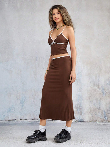 Contrast Binding Cami Top & Bow Front Skirt