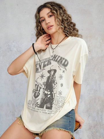 Slogan Figure Graphic Drop Shoulder Tee