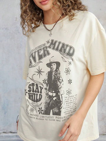 Slogan Figure Graphic Drop Shoulder Tee