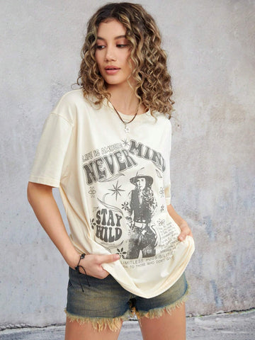 Slogan Figure Graphic Drop Shoulder Tee