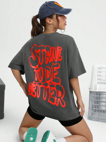 EZwear Slogan Graphic Drop Shoulder Oversized Tee