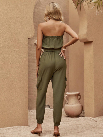 EMERY ROSE Solid Flap Pocket Belted Tube Jumpsuit