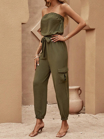 EMERY ROSE Solid Flap Pocket Belted Tube Jumpsuit