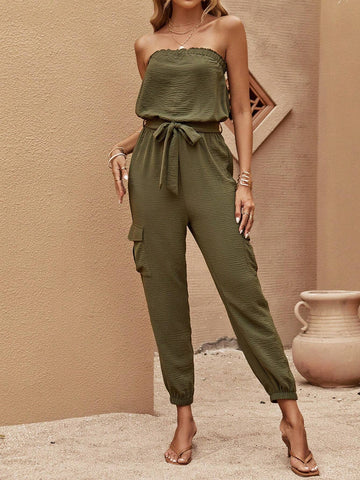 EMERY ROSE Solid Flap Pocket Belted Tube Jumpsuit