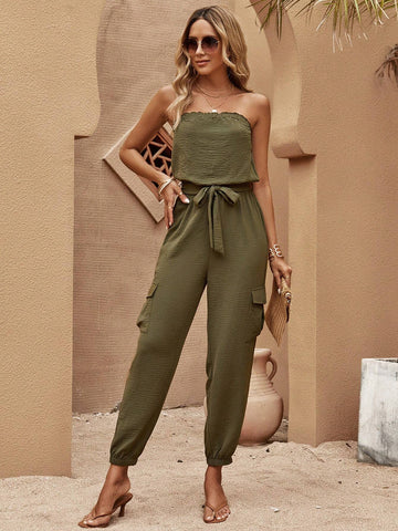 EMERY ROSE Solid Flap Pocket Belted Tube Jumpsuit