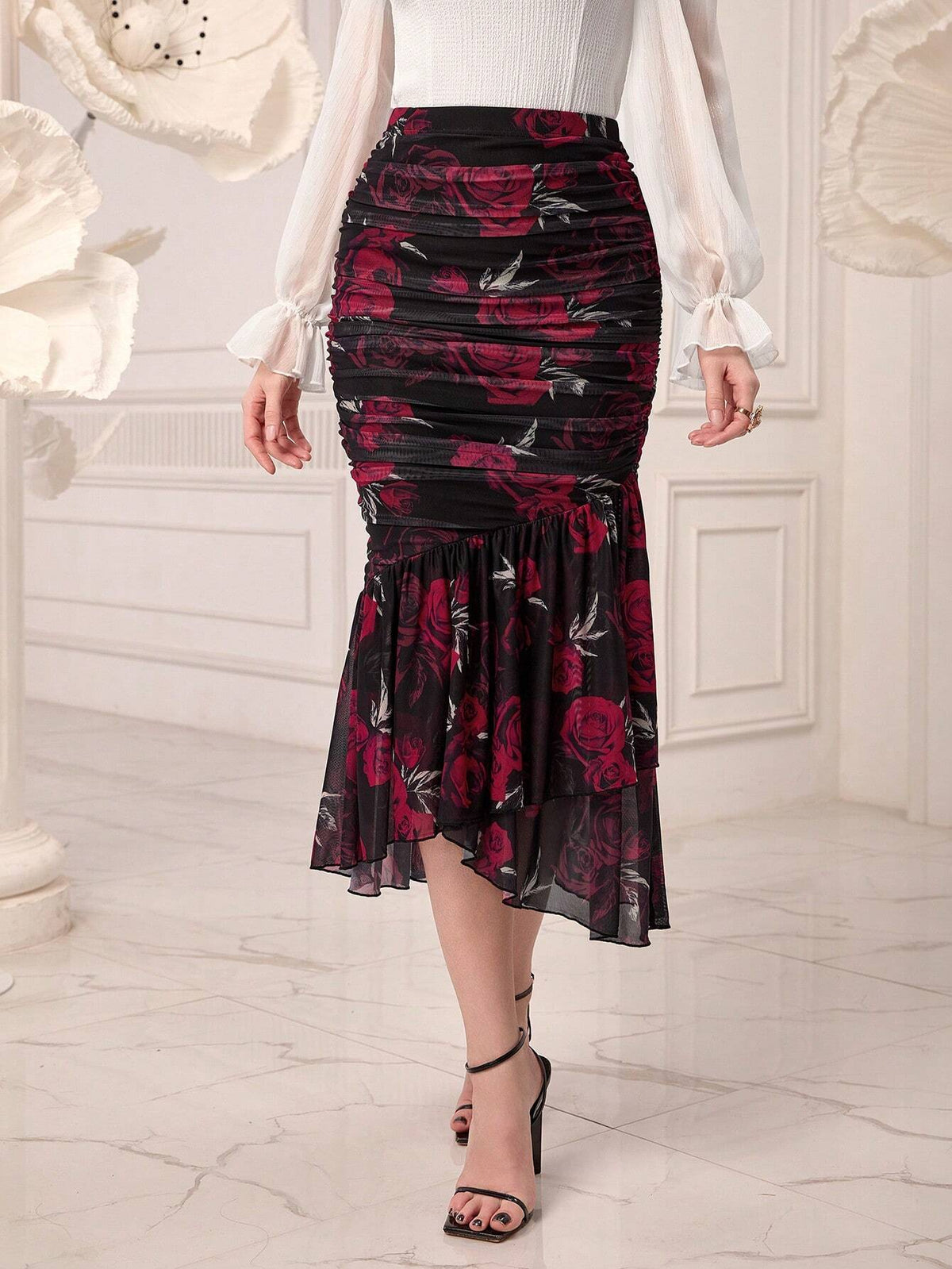 Modely Floral Print Ruched Ruffle Hem Mesh Skirt