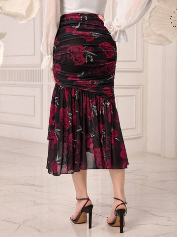 Modely Floral Print Ruched Ruffle Hem Mesh Skirt