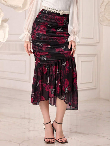 Modely Floral Print Ruched Ruffle Hem Mesh Skirt