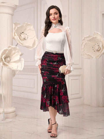 Modely Floral Print Ruched Ruffle Hem Mesh Skirt