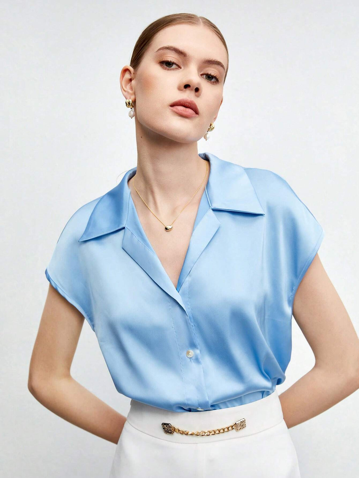 Solid Batwing Sleeve Satin Shirt