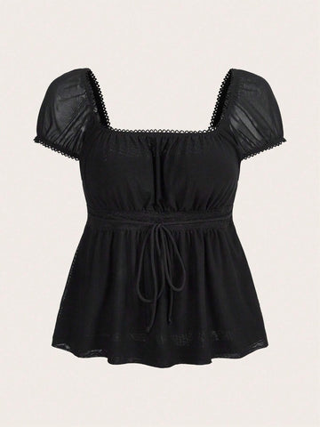 EZwear Square Neck Knot Front Peplum Tee