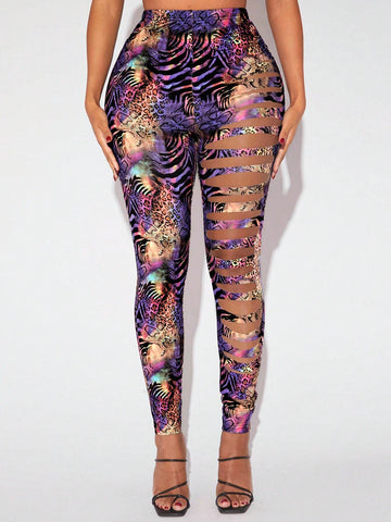 SXY Allover Print Ladder Cut Out Leggings