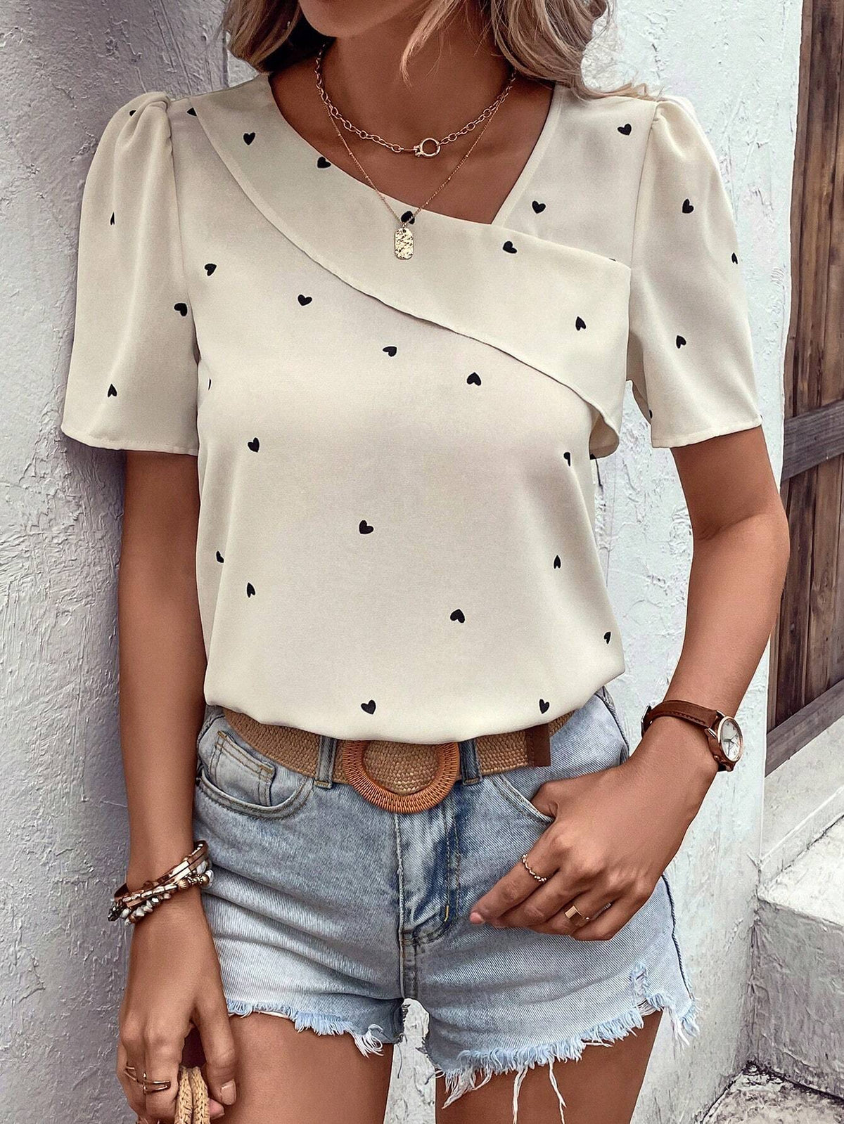 Heart Print Asymmetrical Neck Puff Sleeve Blouse
