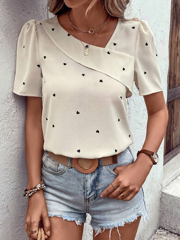 Heart Print Asymmetrical Neck Puff Sleeve Blouse