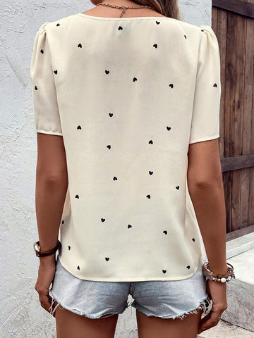 Heart Print Asymmetrical Neck Puff Sleeve Blouse