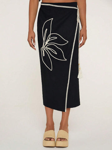 Floral Print Contrast Binding Wrap Knot Side Skirt