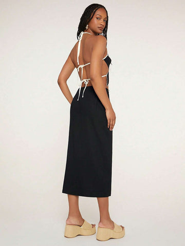 Floral Print Contrast Binding Wrap Knot Side Skirt