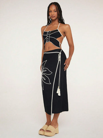Floral Print Contrast Binding Wrap Knot Side Skirt