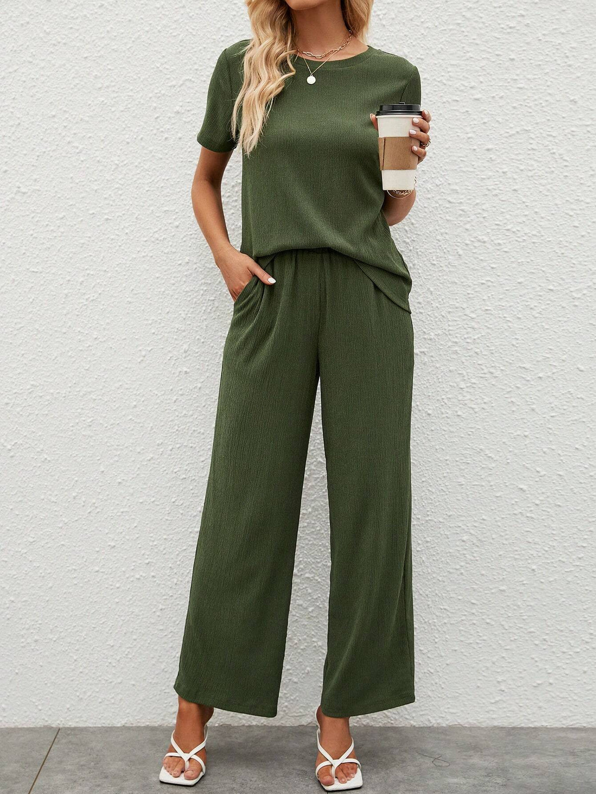 EMERY ROSE Solid Tee & Wide Leg Pants