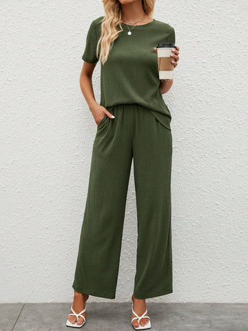 EMERY ROSE Solid Tee & Wide Leg Pants