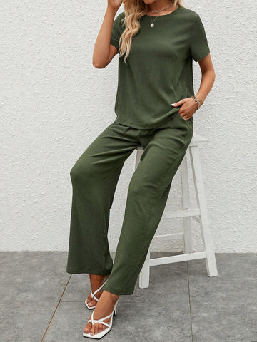 EMERY ROSE Solid Tee & Wide Leg Pants