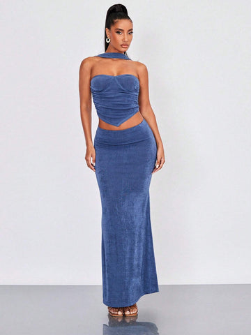 Solid Ruched Halter Top & Mermaid Hem Skirt