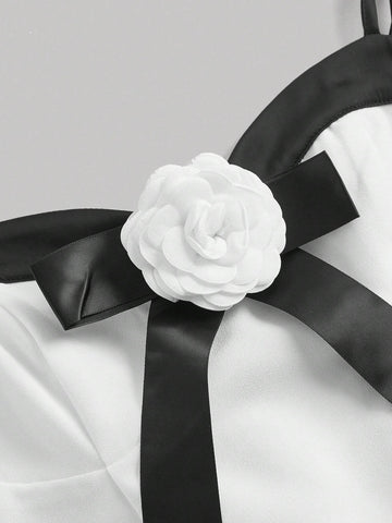 3D Appliques Front Contrast Trim Cami Top & Two Layer Hem Skirt