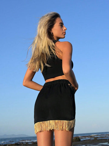 VCAY Fringe Trim Metal Decor Waist Skirt