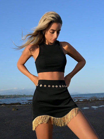VCAY Fringe Trim Metal Decor Waist Skirt