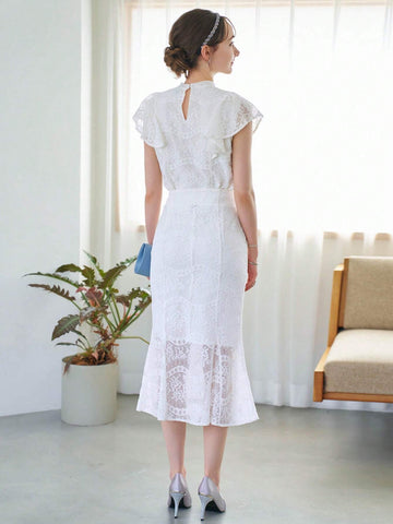 DAZY Ruffle Trim Lace Blouse & Mermaid Hem Skirt