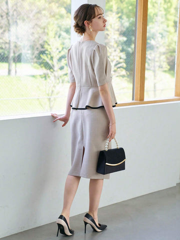 DAZY Contrast Binding Puff Sleeve Peplum Top & Skirt