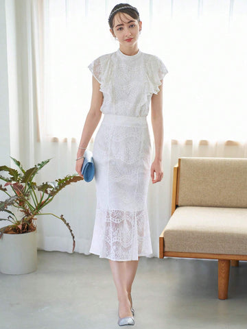 DAZY Ruffle Trim Lace Blouse & Mermaid Hem Skirt