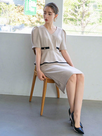 DAZY Contrast Binding Puff Sleeve Peplum Top & Skirt