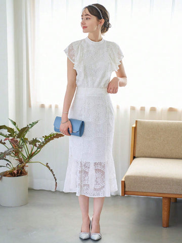 DAZY Ruffle Trim Lace Blouse & Mermaid Hem Skirt