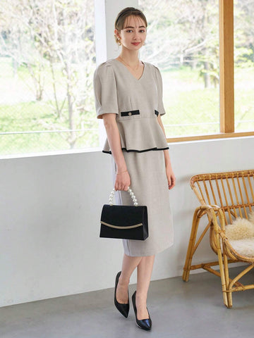 DAZY Contrast Binding Puff Sleeve Peplum Top & Skirt