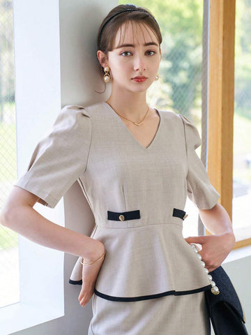 DAZY Contrast Binding Puff Sleeve Peplum Top & Skirt