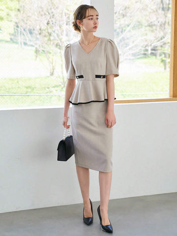 DAZY Contrast Binding Puff Sleeve Peplum Top & Skirt