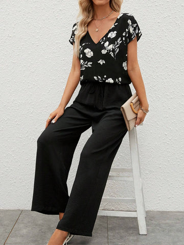 EMERY ROSE Floral Print Batwing Sleeve Top & Wide Leg Pants