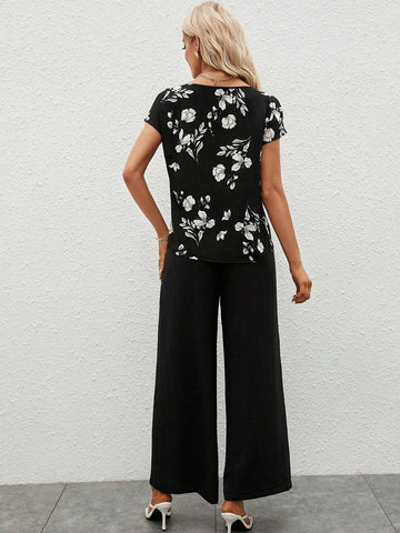 EMERY ROSE Floral Print Batwing Sleeve Top & Wide Leg Pants