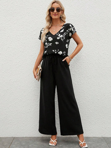 EMERY ROSE Floral Print Batwing Sleeve Top & Wide Leg Pants