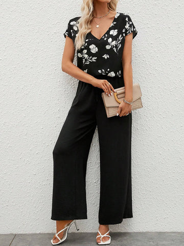 EMERY ROSE Floral Print Batwing Sleeve Top & Wide Leg Pants