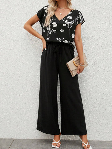 EMERY ROSE Floral Print Batwing Sleeve Top & Wide Leg Pants